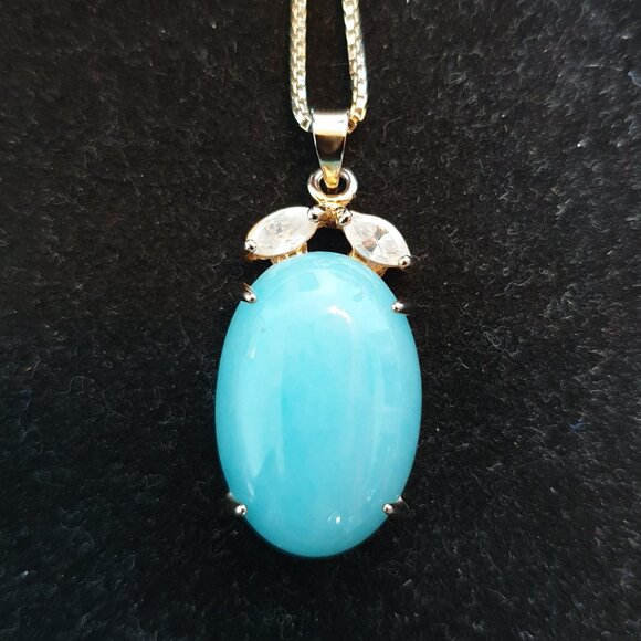18K Gold Plated Amazonite Cabochon White Crystal Pendant 925 Silver Necklace - Picture 3 of 11